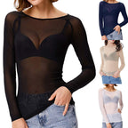 Sheer Long Sleeve Top – Black – White – Mesh Long Sleeve Top – Women's Clothing-Myra Lina