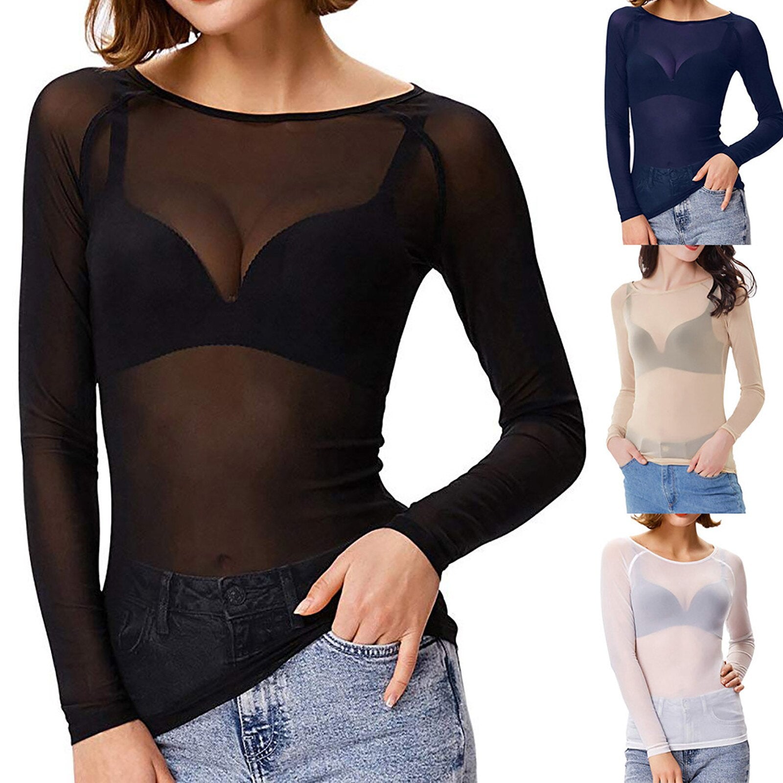 Sheer Long Sleeve Top – Black – White – Mesh Long Sleeve Top – Women's Clothing-Myra Lina