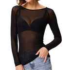 Sheer Long Sleeve Top – Black – White – Mesh Long Sleeve Top – Women's Clothing-Myra Lina
