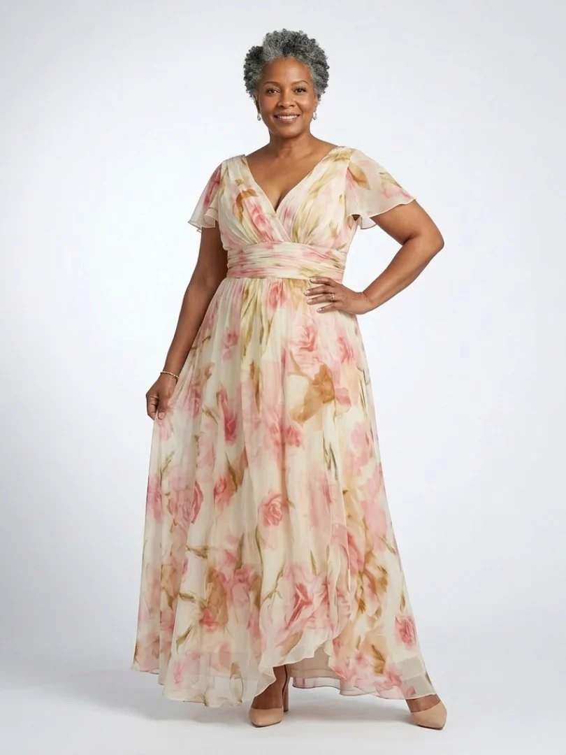 Short Sleeve Maxi Dress | Floral | V Neck-Myra Lina
