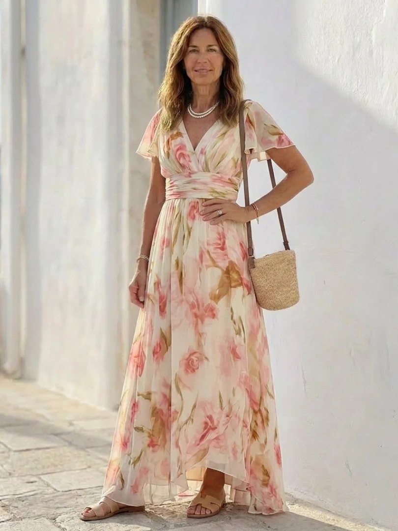 Short Sleeve Maxi Dress | Floral | V Neck-Myra Lina