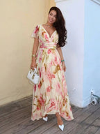 Short Sleeve Maxi Dress | Floral | V Neck-Myra Lina