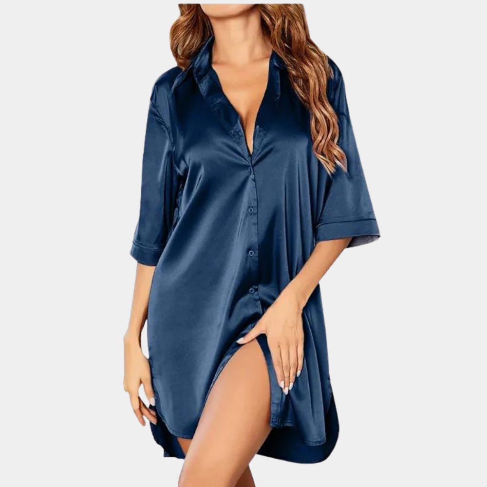 Silky Nightgown – Women's Satin Dress with Short Sleeves and Buttons-Myra Lina