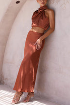 Skirt and Top Set | High Neck | Maxi Skirt | Satin Set | Two-Piece Set for Women-Myra Lina