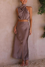Skirt and Top Set | High Neck | Maxi Skirt | Satin Set | Two-Piece Set for Women-Myra Lina