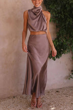 Skirt and Top Set | High Neck | Maxi Skirt | Satin Set | Two-Piece Set for Women-Myra Lina