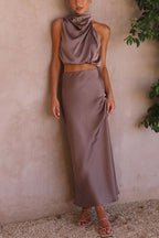Skirt and Top Set | High Neck | Maxi Skirt | Satin Set | Two-Piece Set for Women-Myra Lina