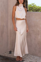 Skirt and Top Set | High Neck | Maxi Skirt | Satin Set | Two-Piece Set for Women-Myra Lina