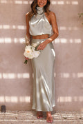 Skirt and Top Set | High Neck | Maxi Skirt | Satin Set | Two-Piece Set for Women-Myra Lina