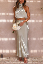 Skirt and Top Set | High Neck | Maxi Skirt | Satin Set | Two-Piece Set for Women-Myra Lina