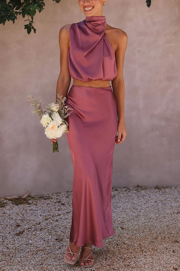 Skirt and Top Set | High Neck | Maxi Skirt | Satin Set | Two-Piece Set for Women-Myra Lina