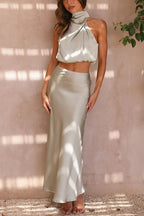 Skirt and Top Set | High Neck | Maxi Skirt | Satin Set | Two-Piece Set for Women-Myra Lina