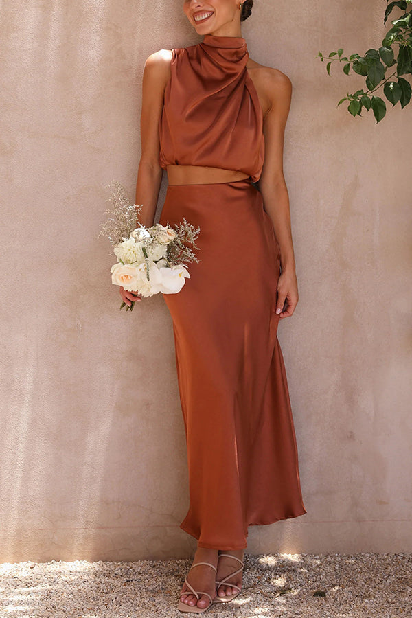 Skirt and Top Set | High Neck | Maxi Skirt | Satin Set | Two-Piece Set for Women-Myra Lina