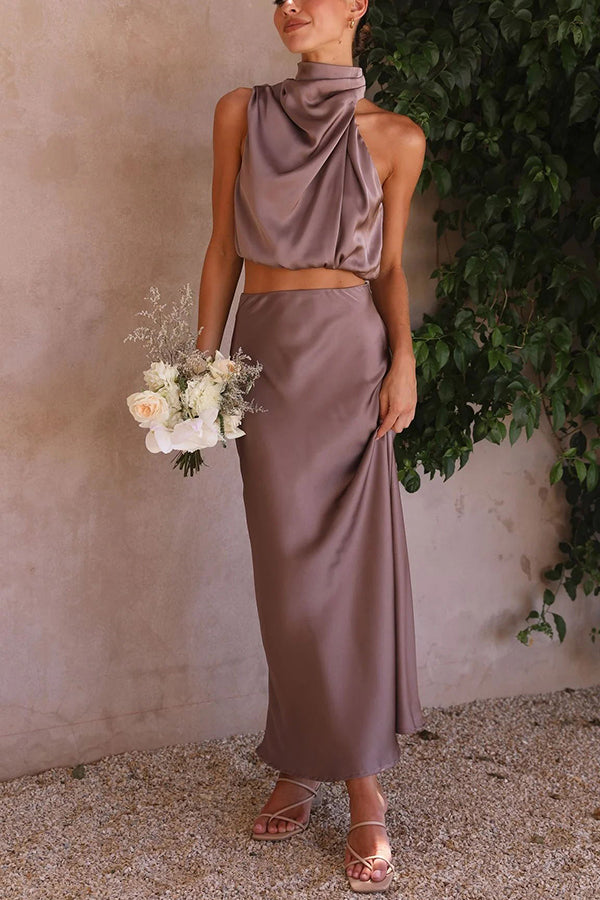 Skirt and Top Set | High Neck | Maxi Skirt | Satin Set | Two-Piece Set for Women-Myra Lina