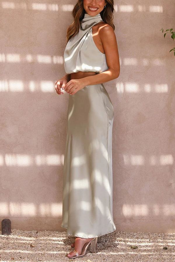 Skirt and Top Set | High Neck | Maxi Skirt | Satin Set | Two-Piece Set for Women-Myra Lina