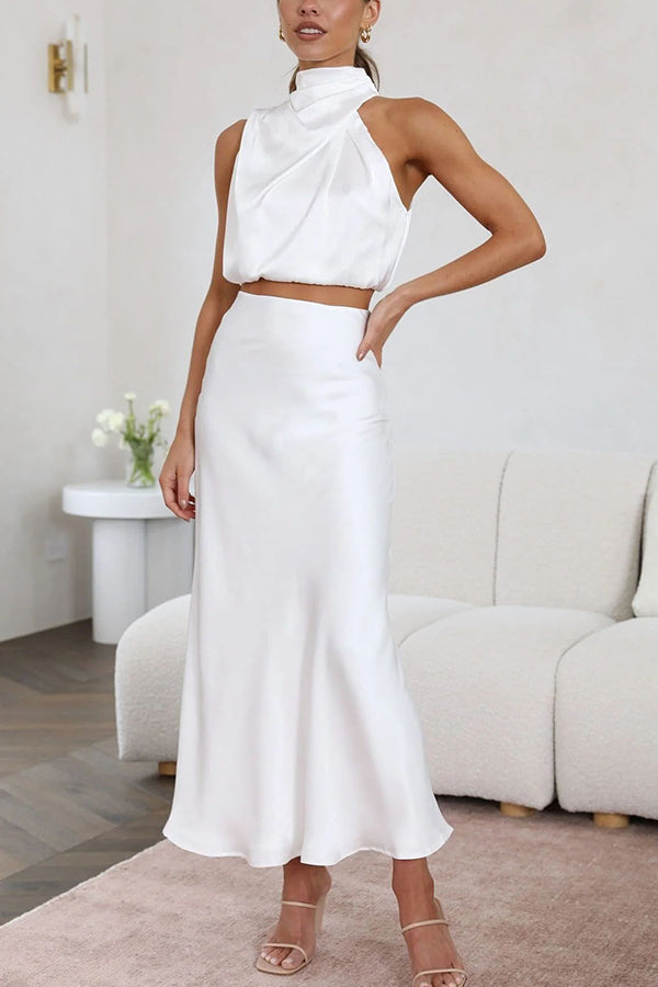 Skirt and Top Set | High Neck | Maxi Skirt | Satin Set | Two-Piece Set for Women-Myra Lina