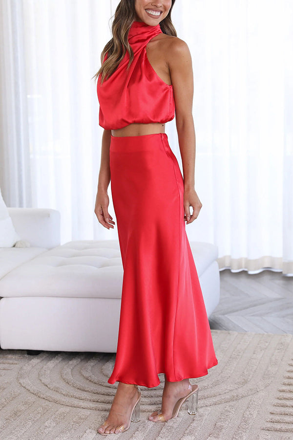 Skirt and Top Set | High Neck | Maxi Skirt | Satin Set | Two-Piece Set for Women-Myra Lina