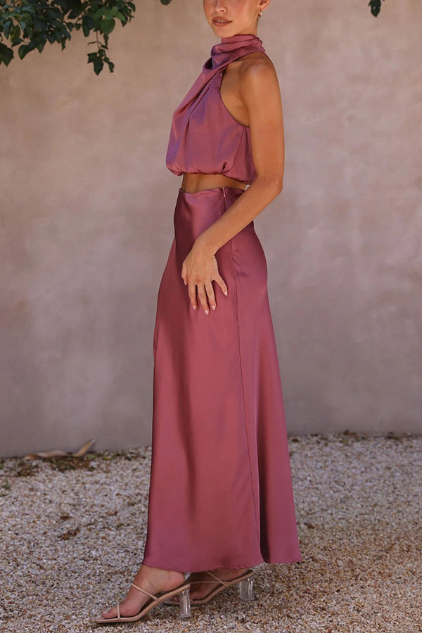 Skirt and Top Set | High Neck | Maxi Skirt | Satin Set | Two-Piece Set for Women-Myra Lina