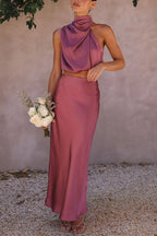 Skirt and Top Set | High Neck | Maxi Skirt | Satin Set | Two-Piece Set for Women-Myra Lina