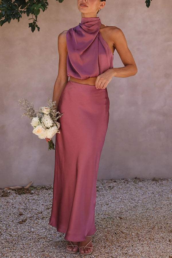 Skirt and Top Set | High Neck | Maxi Skirt | Satin Set | Two-Piece Set for Women-Myra Lina