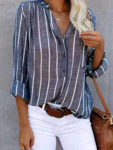 Striped Shirt | Long Sleeve | Loose Fit | Button-Up Blouse | Women's Shirts-Myra Lina