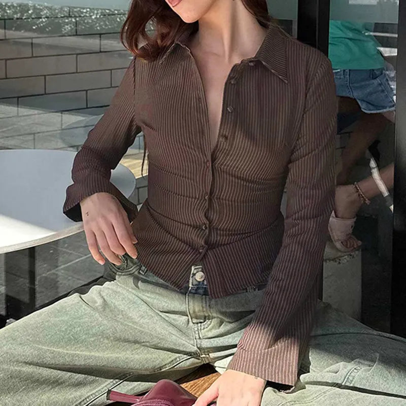 Striped Shirt – Long Sleeve Tie Blouse with Collar for Women-Myra Lina