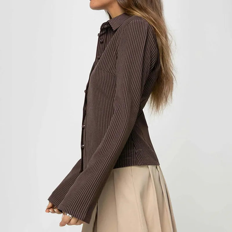 Striped Shirt – Long Sleeve Tie Blouse with Collar for Women-Myra Lina