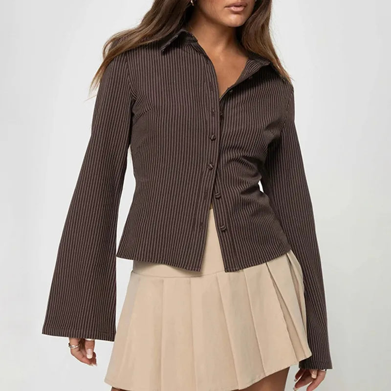 Striped Shirt – Long Sleeve Tie Blouse with Collar for Women-Myra Lina