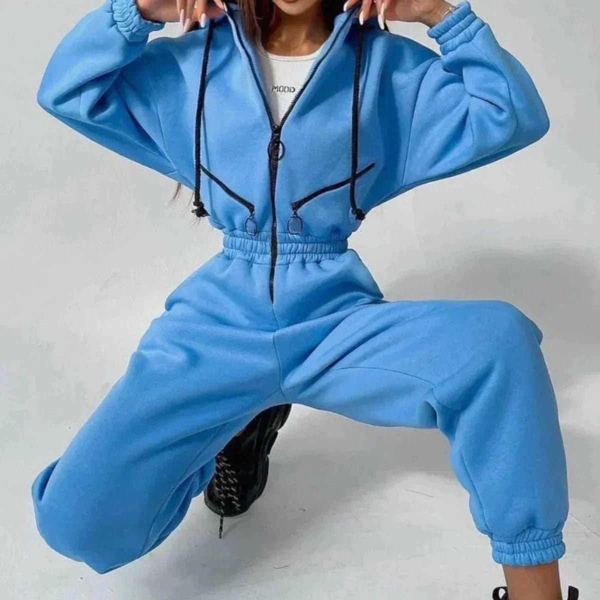 Sweatshirt Jumpsuit | Hooded | Ruched Waist | Women's Jumpsuit-Myra Lina
