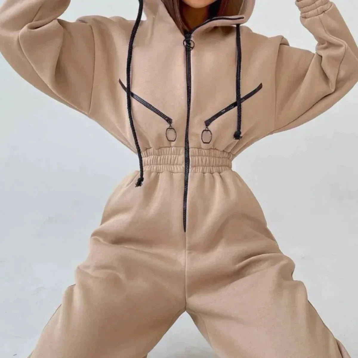 Sweatshirt Jumpsuit | Hooded | Ruched Waist | Women's Jumpsuit-Myra Lina