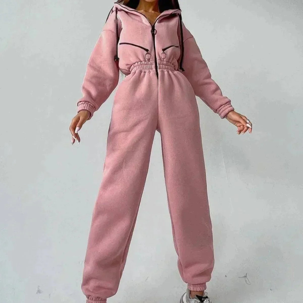 Sweatshirt Jumpsuit | Hooded | Ruched Waist | Women's Jumpsuit-Myra Lina