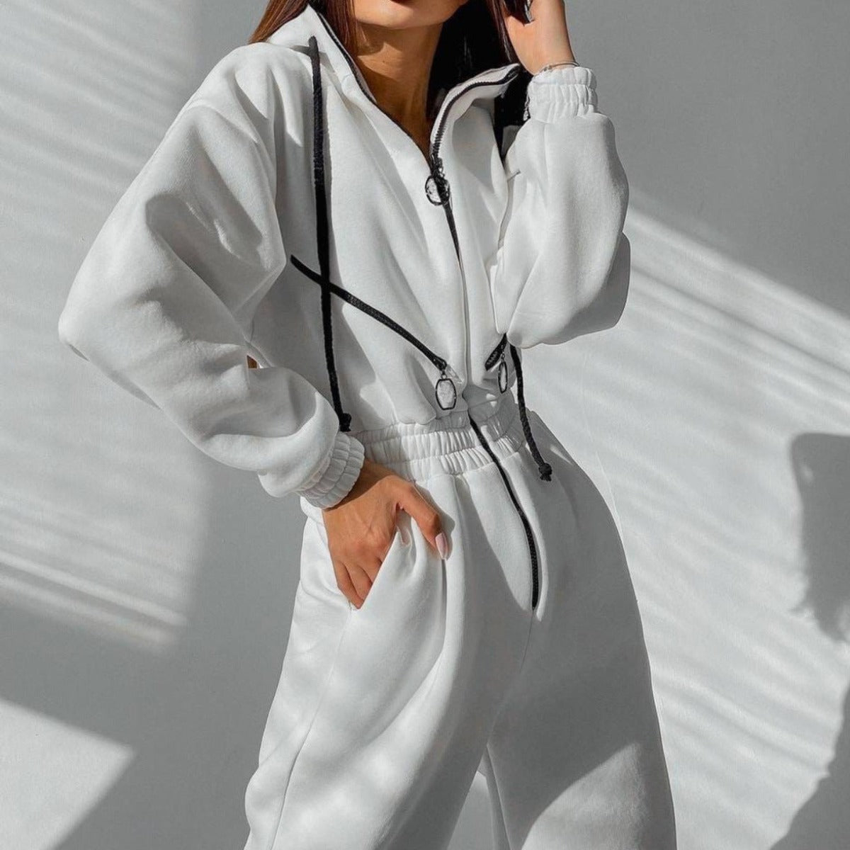 Sweatshirt Jumpsuit | Hooded | Ruched Waist | Women's Jumpsuit-Myra Lina