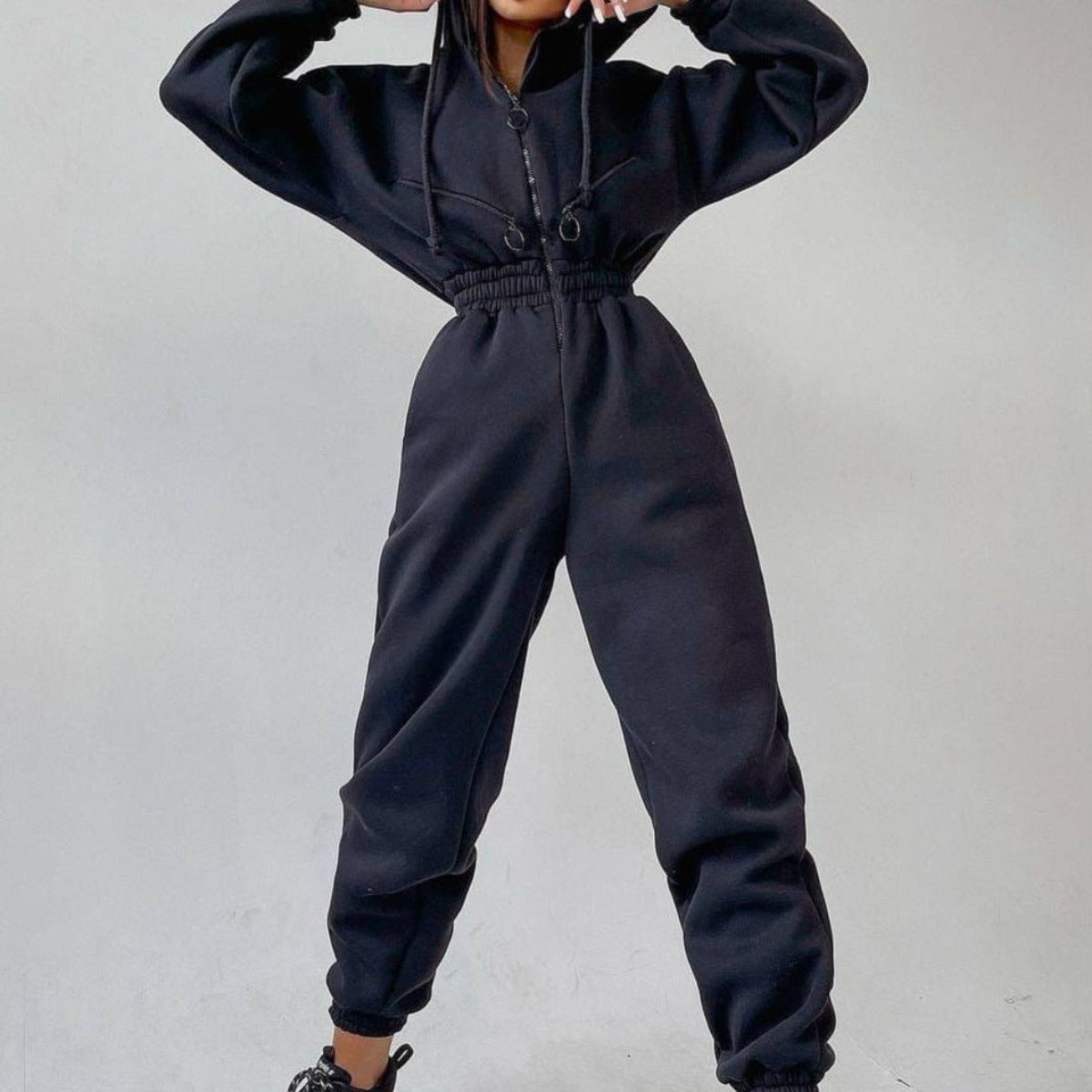 Sweatshirt Jumpsuit | Hooded | Ruched Waist | Women's Jumpsuit-Myra Lina