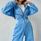 Sweatshirt Jumpsuit | Hooded | Ruched Waist | Women's Jumpsuit-Myra Lina