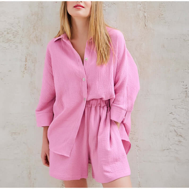 Two-Piece Linen Set | Button-Up | Summer | Shorts and Shirt Set | Women's Linen Co-Ord Set-Myra Lina