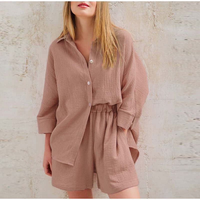 Two-Piece Linen Set | Button-Up | Summer | Shorts and Shirt Set | Women's Linen Co-Ord Set-Myra Lina