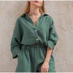 Two-Piece Linen Set | Button-Up | Summer | Shorts and Shirt Set | Women's Linen Co-Ord Set-Myra Lina