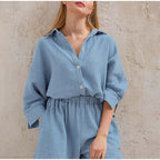 Two-Piece Linen Set | Button-Up | Summer | Shorts and Shirt Set | Women's Linen Co-Ord Set-Myra Lina