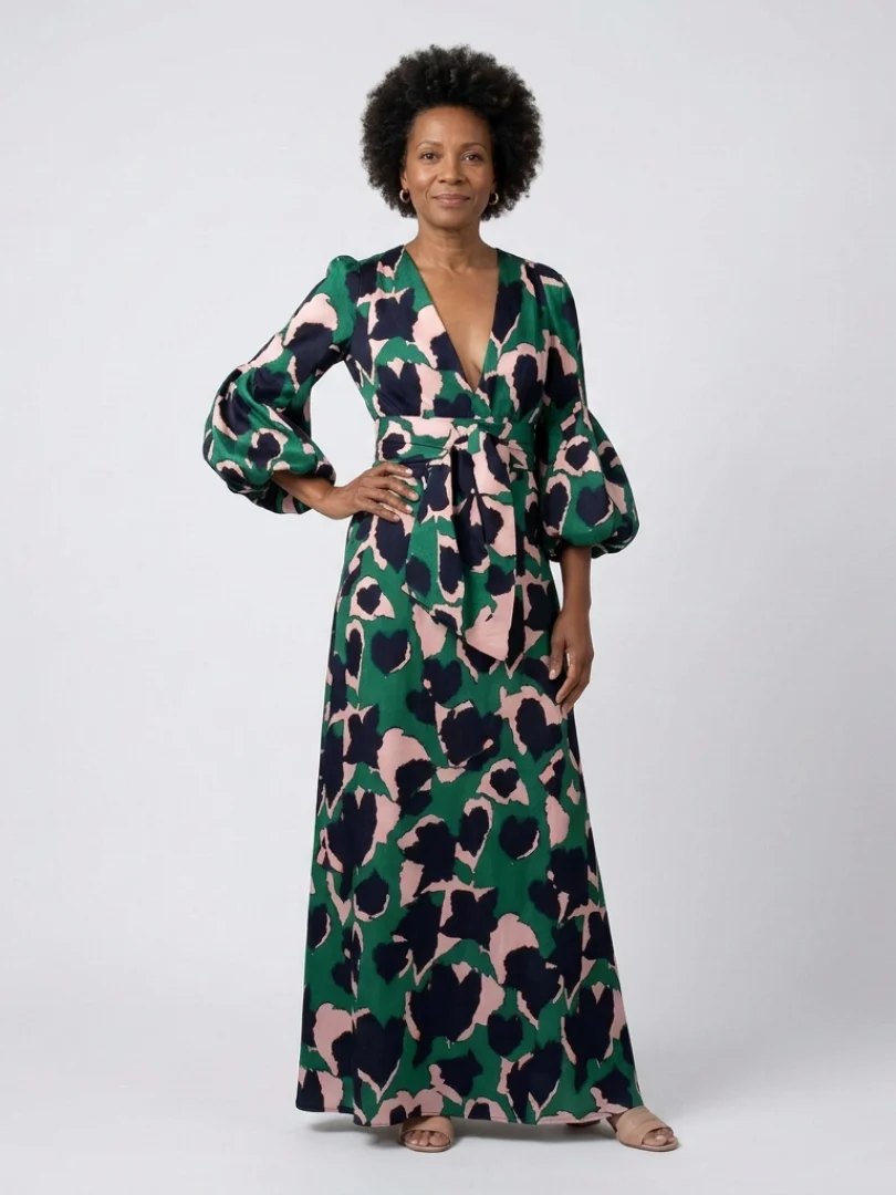 V Neck Maxi Dress | Long Sleeve | Tie Waist-Myra Lina