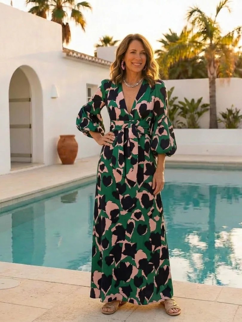 V Neck Maxi Dress | Long Sleeve | Tie Waist-Myra Lina