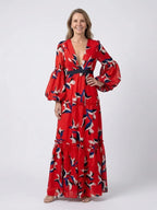 V Neck Maxi Dress | Long Sleeve | Tie Waist-Myra Lina