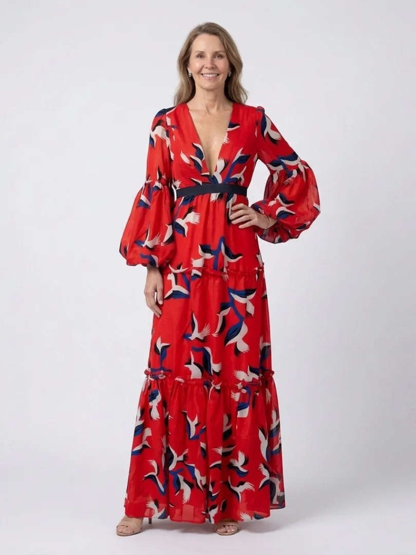 V Neck Maxi Dress | Long Sleeve | Tie Waist-Myra Lina
