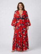 V Neck Maxi Dress | Long Sleeve | Tie Waist-Myra Lina
