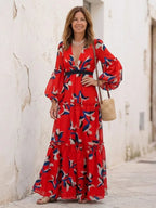 V Neck Maxi Dress | Long Sleeve | Tie Waist-Myra Lina