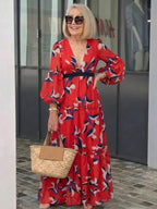 V Neck Maxi Dress | Long Sleeve | Tie Waist-Myra Lina