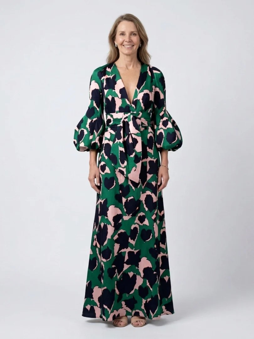 V Neck Maxi Dress | Long Sleeve | Tie Waist-Myra Lina