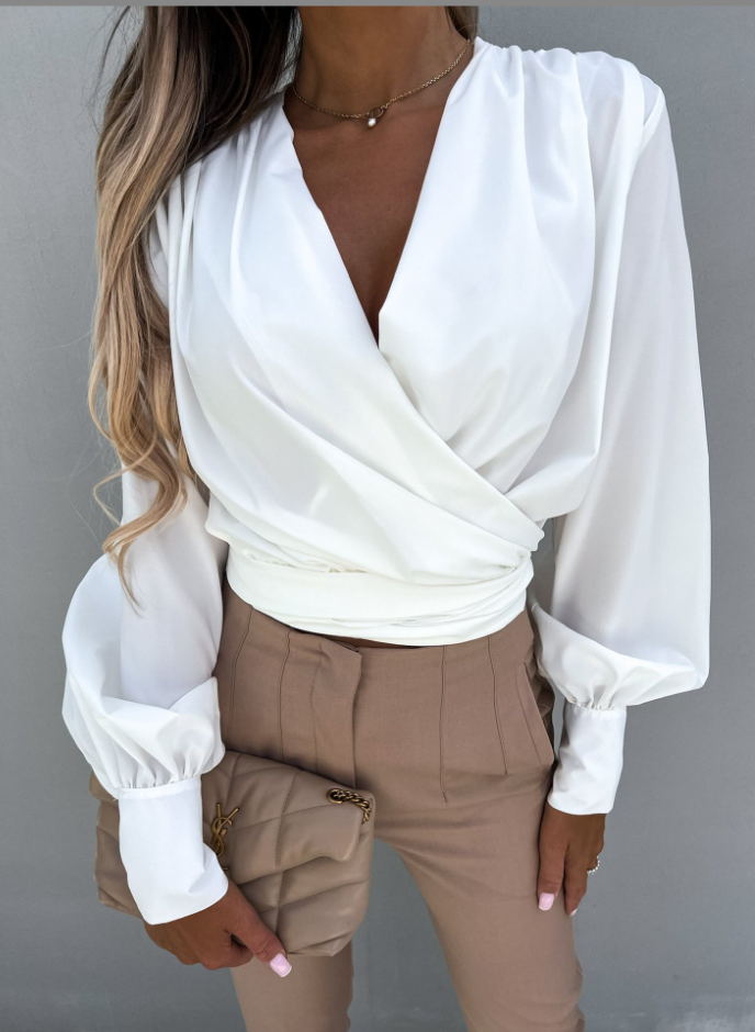 White Blouse – Long Sleeve – Lantern Sleeve – V-Neck Blouse for Women-Myra Lina