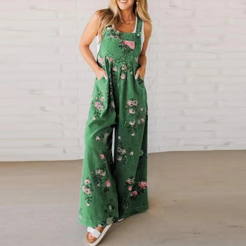 Wide Leg Pants – Floral – Denim – Overalls – Women's Jumpsuit-Myra Lina