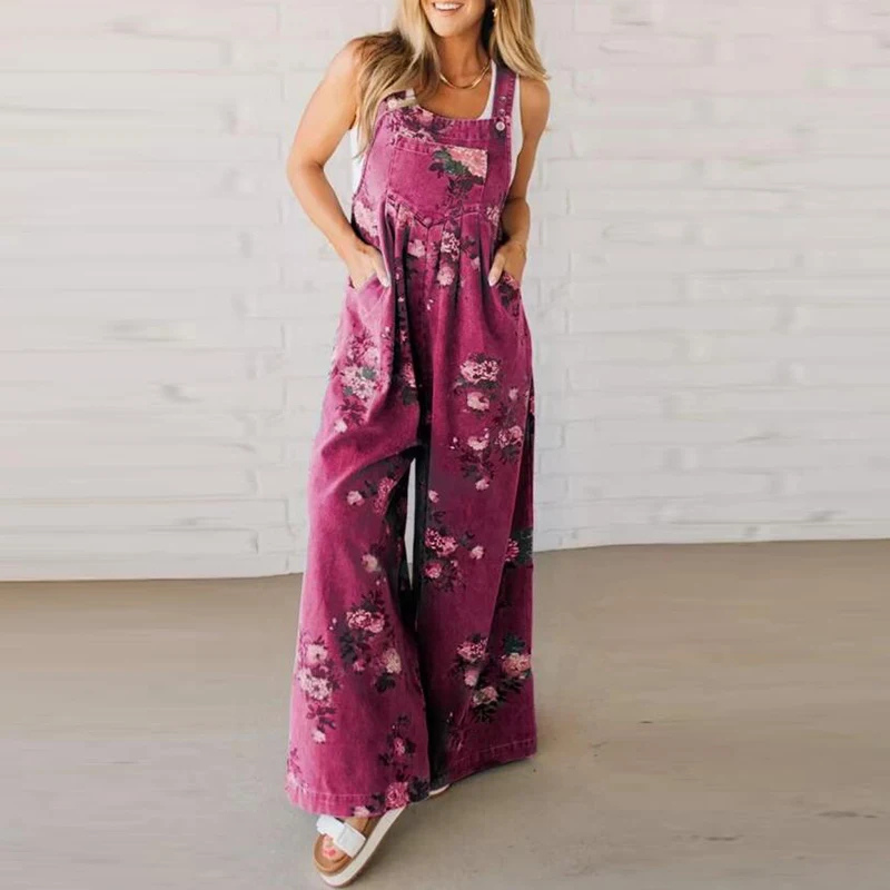 Wide Leg Pants – Floral – Denim – Overalls – Women's Jumpsuit-Myra Lina