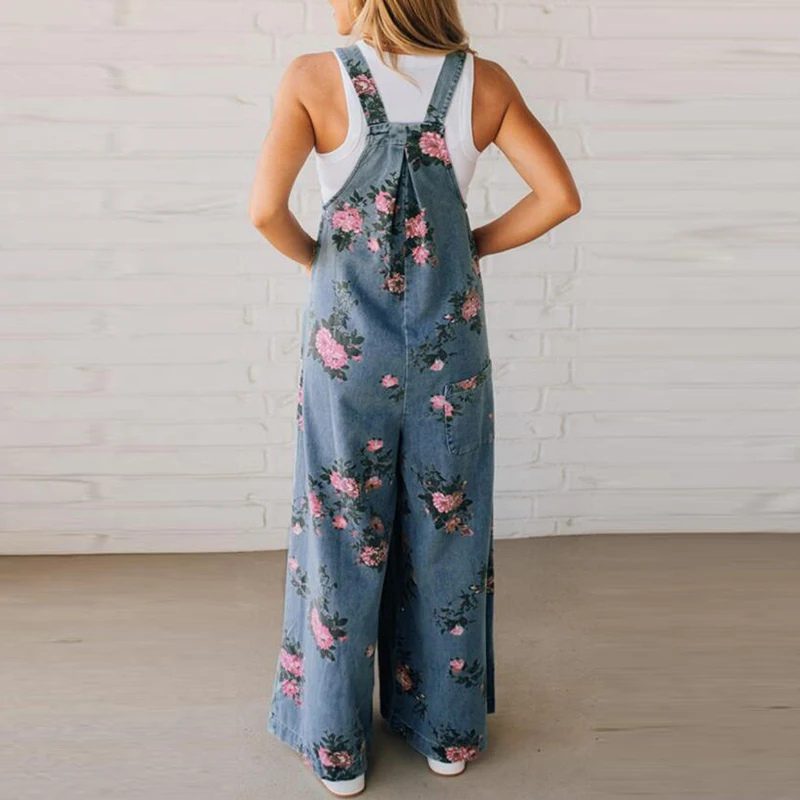 Wide Leg Pants – Floral – Denim – Overalls – Women's Jumpsuit-Myra Lina